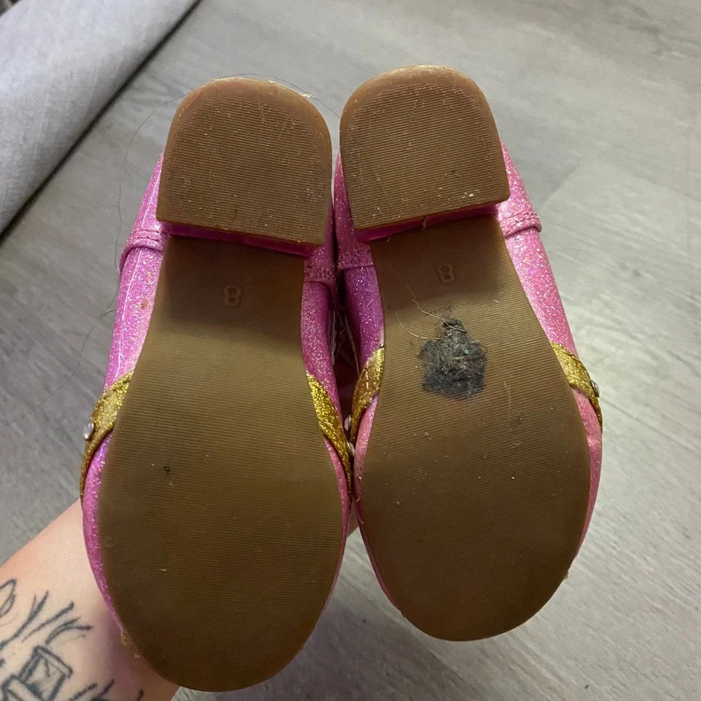 Disney Princess Mary Jane Dress Up Shoes Kids Size 8 Pink Glitter Gold Bows